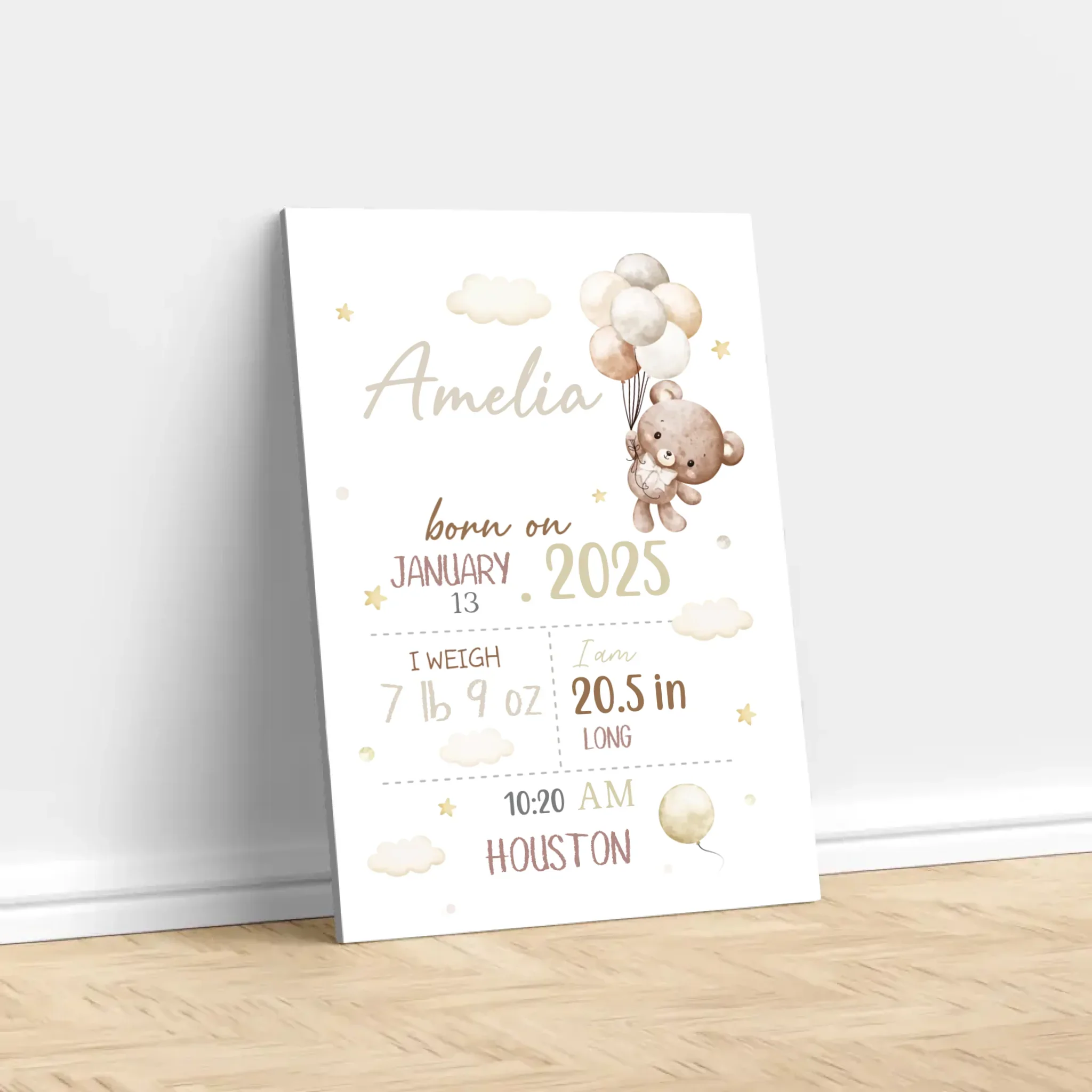 Personalized Canvas – Baby Birth Teddy Bear Announcement - Image 2