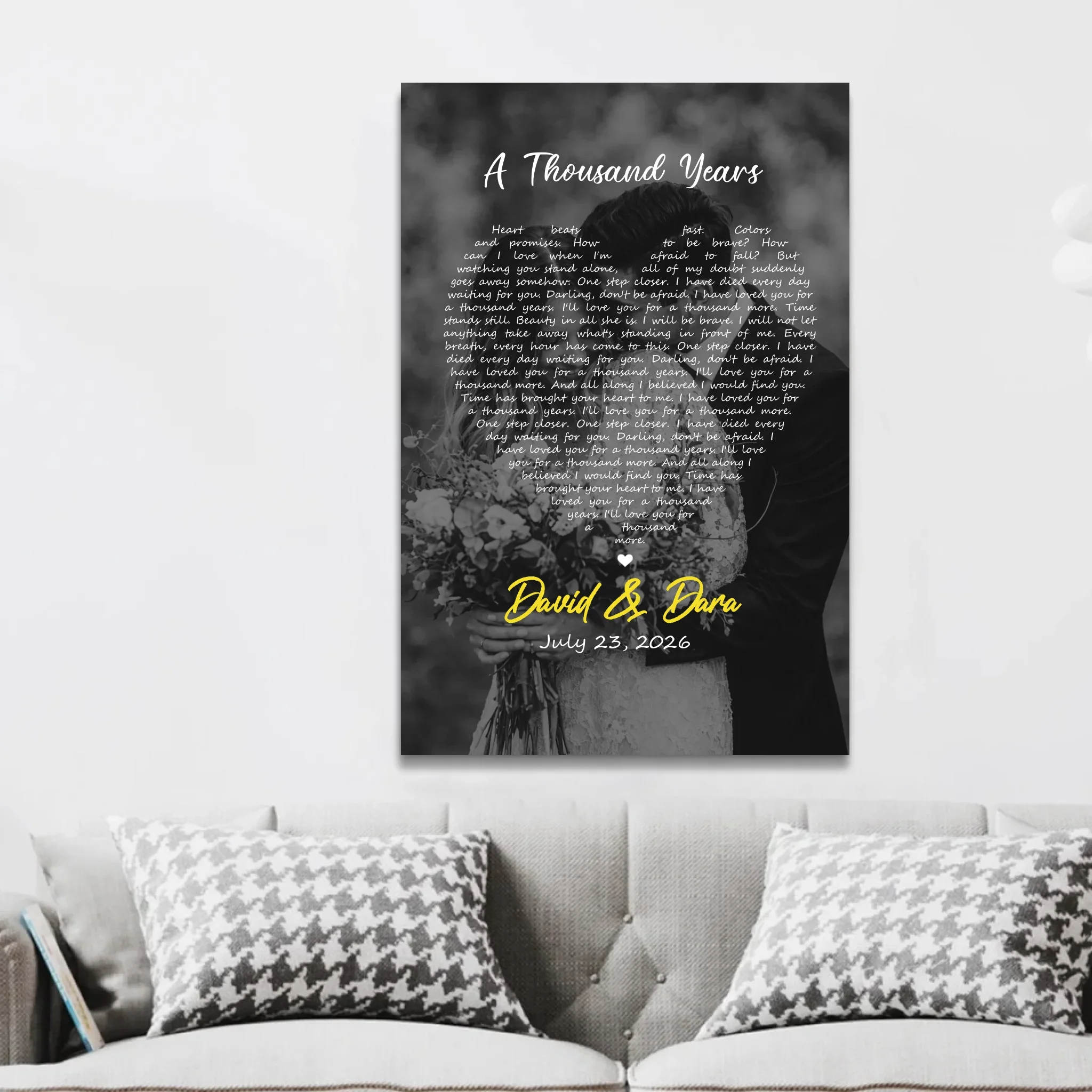 Personalized Canvas – Heart-Shaped B&W Song Lyrics-Vertical - Image 3
