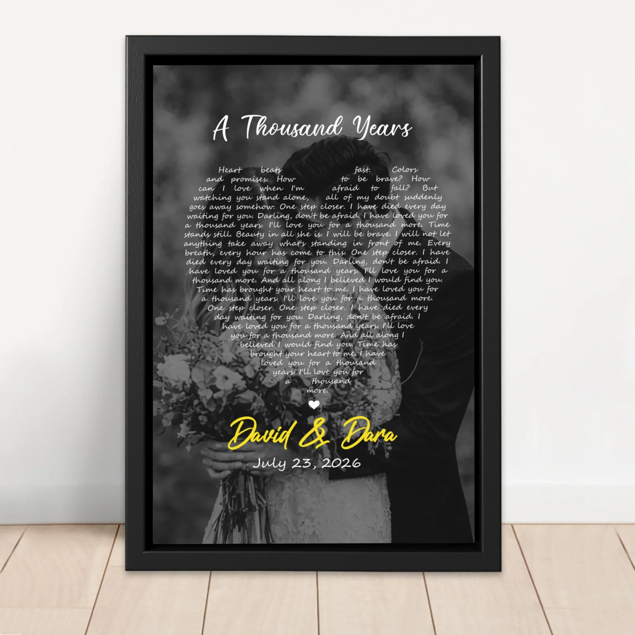 Personalized Canvas – Heart-Shaped B&W Song Lyrics-Vertical - Image 4