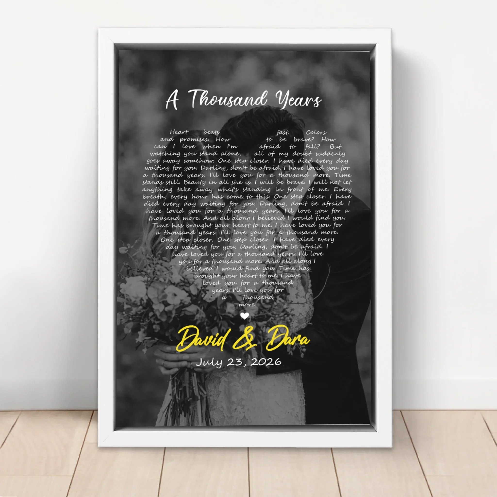 Personalized Canvas – Heart-Shaped B&W Song Lyrics-Vertical - Image 6